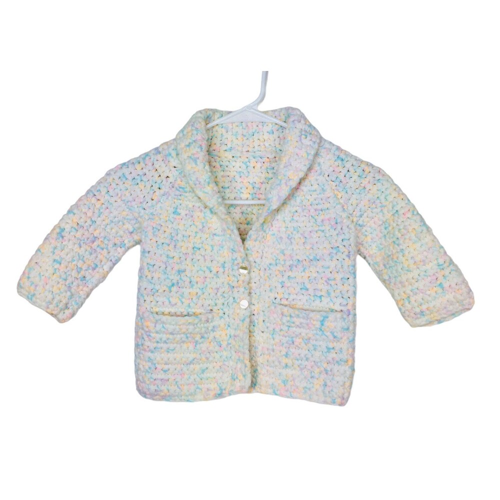 Vintage 80s Knit Crochet Pastels Infant Button-Down Sweater Jacket Pockets 2T